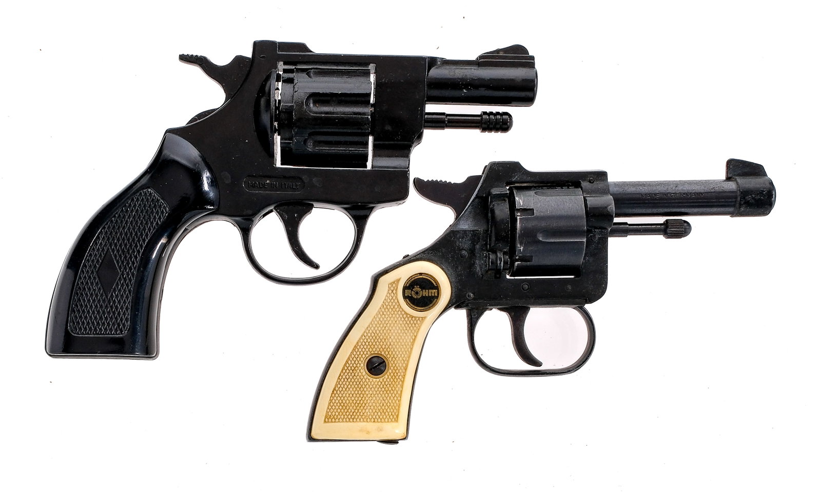 Estate Revolver 2 Pcs Lot Starter / Revolver: Description Estate revolver lot with two pieces. Rohm RG-10 in .22 Short with a six round capacity and a 2.5" barrel. Made in Germany. Blued frame, cylinder and barrel. Front and rear fixed sights. BB