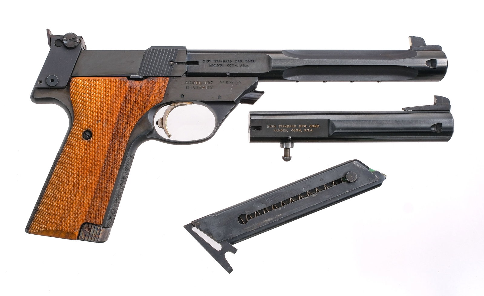 High Standard 107 Military .22LR Semi Auto Pistol: Description High Standard Supermatic Trophy 107 Military chambered in .22 long rifle with two, ten round removable magazines and a 7" fluted barrel. Blued steel frame with stippled fore strap, backstr