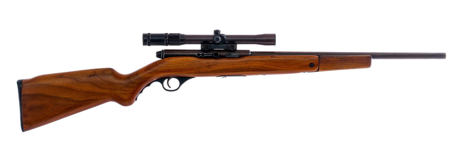 O.F. Mossberg 152 .22 LR Semi Auto Rifle: Description O.F. Mossberg & Sons Model 152 in .22 Long Rifle missing its removable magazine with a 18" barrel. Serrated composite butt plate. Smooth wood stock and fold down front forend grip. Black c