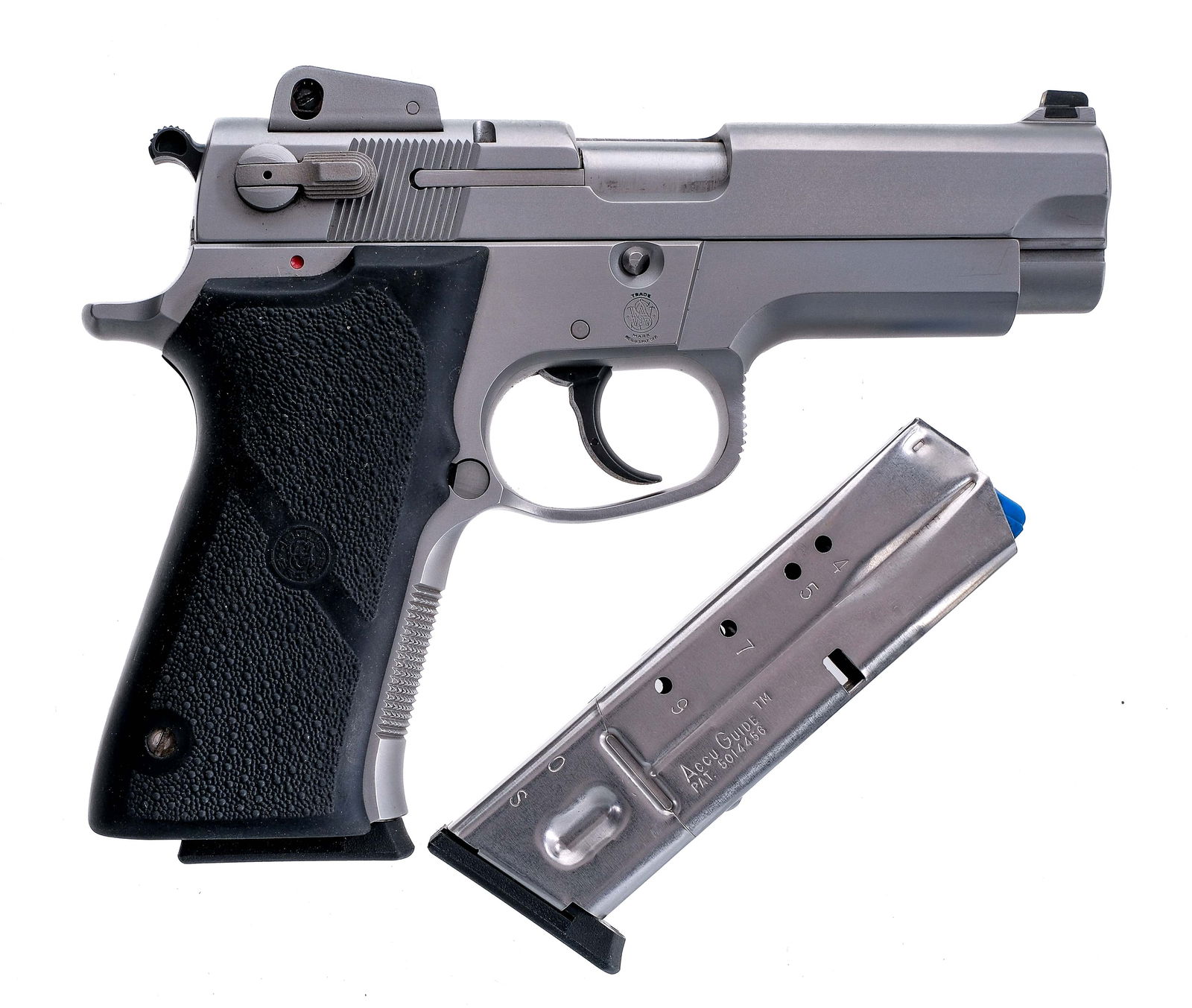 Smith & Wesson 4006 .40 S&W Semi Auto Pistol: Description Smith & Wesson 4006 chambered in .40 S&W with two, ten round removable magazines and a 4" barrel. Stainless steel frame with pebble textured Hogue grips. Push button magazine release and s