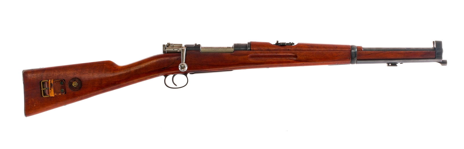 Swedish M1894-14 Mauser 6.5x55mm Bolt Action Rifle: Description Swedish Carl Gustaf Stads Model 1894-14 chambered in 6.5x55mm with a integral magazine and a 18" barrel with steel nose piece and bayonet lug. Blued barrel, barrel bands, receiver, magazin