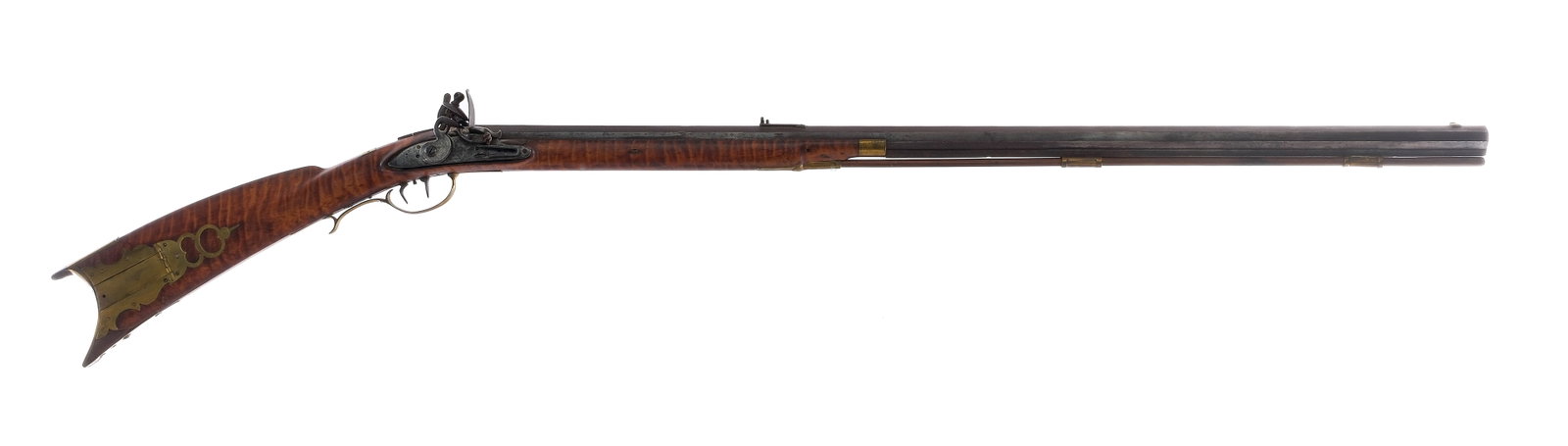 Tower Flintlock Black Powder Long Rifle: Description India made reproduction English Tower flintlock measuring in at bore 12.50mm with a single round capacity and a 38.5" octagon barrel. Tower marked lock plate. Brass contoured butt plate. S