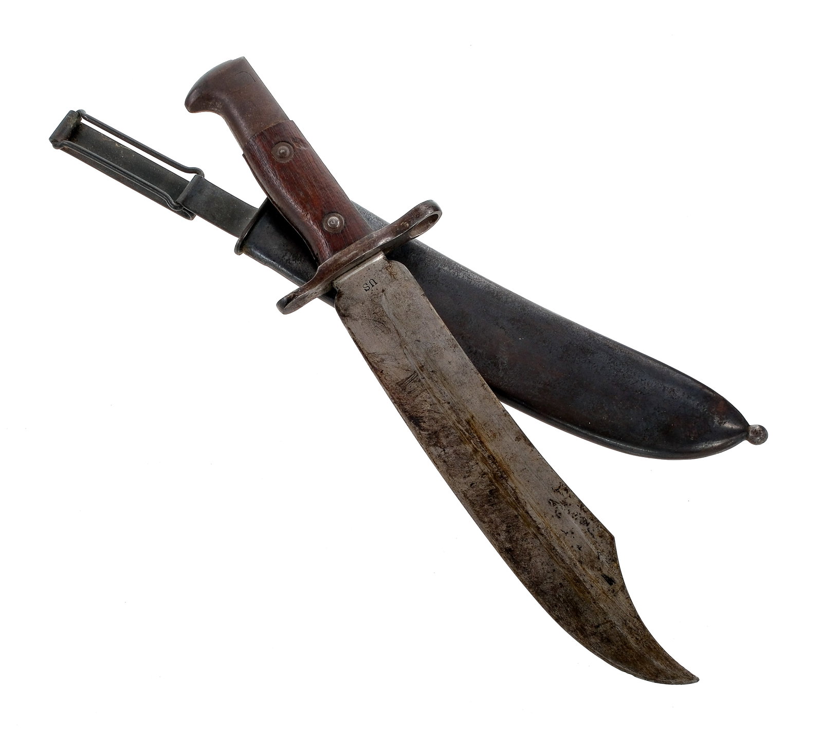 U.S. Model 1900 Krag Bowie Bayonet With Sheath: Description U.S. Model 1900 Krag "Bowie" bayonet with a 9 1/6" in the white bowie style blade, and a overall length of 13 5/8". Krag pattern grips with walnut grip panels. Patinated metal guard and po