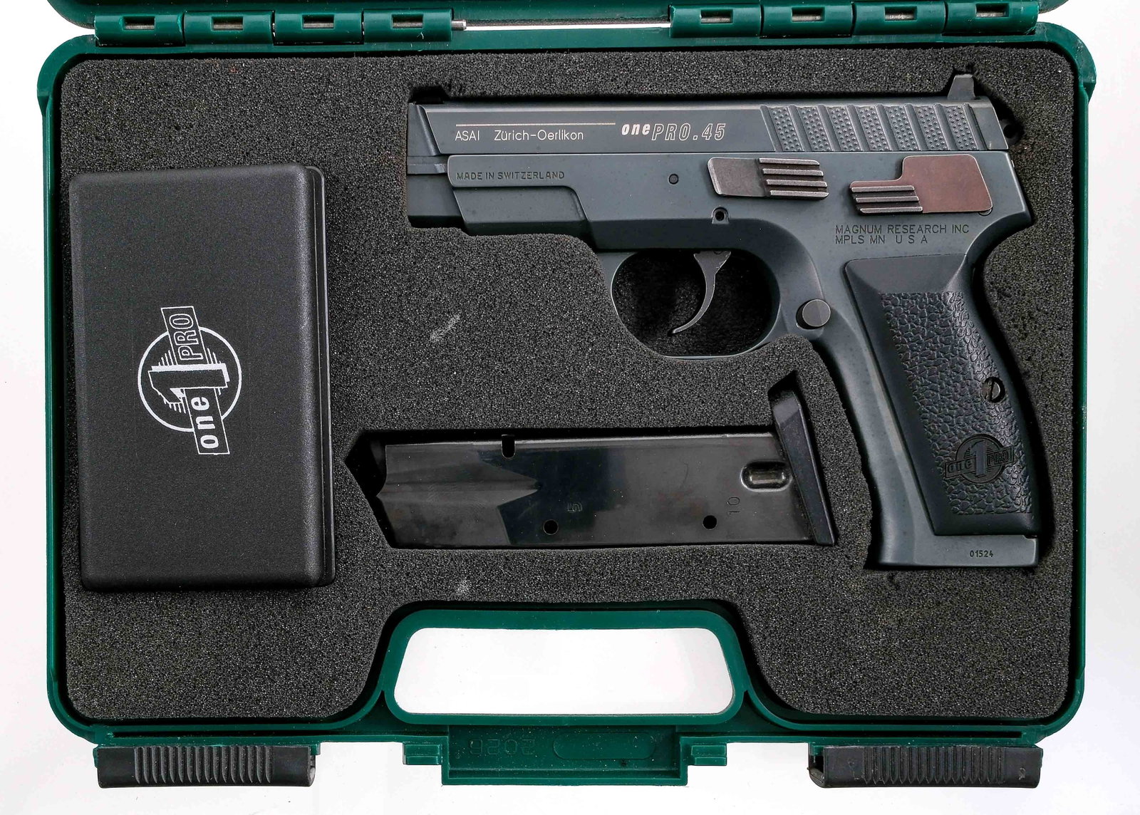 ASAI One Pro .45 ACP Semi Auto Pistol: Description ASAI One Pro chambered in .45 ACP with one, ten round removable magazine and a 3.7" barrel. Manufactured in Switzerland by ASAI and imported by Magnum Research. Matte blue steel frame with