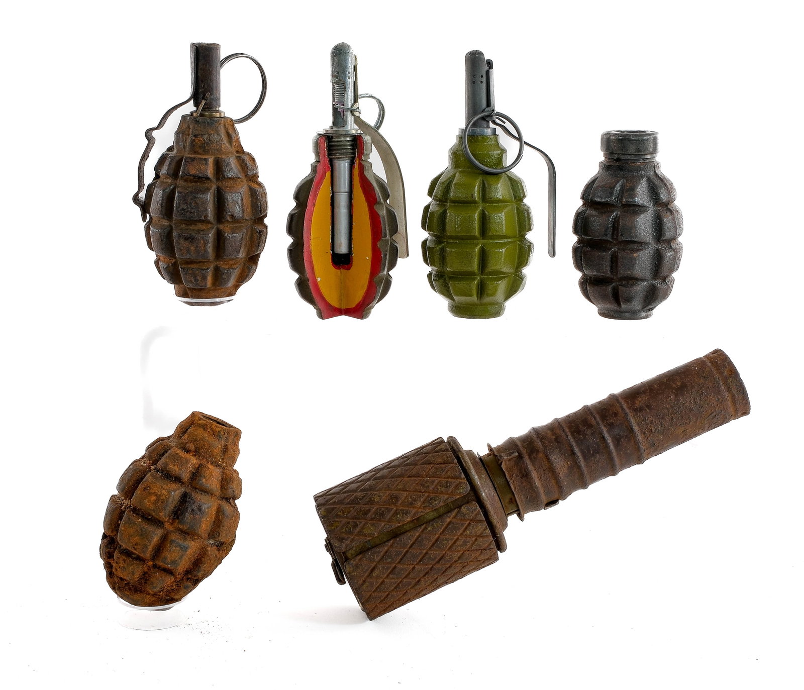 De-Milled Russian Ordnance 6 Pcs Lot Ordnance: Description De-Milled Russian Ordnance with six assorted pieces. Five F1 Frag Grenades, one of which is a cut-away display training model and another a newer green de-milled. One Russian RGD-33 Stick 