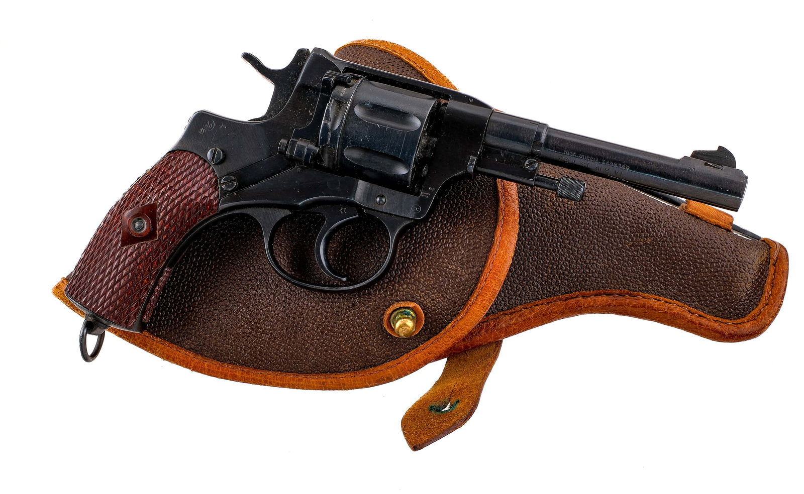 Russian 1895 Nagant 7.62x38mmR DA Revolver: Description Russian Tula Arsenal Nagant Model 1895 in 7.62x38mmR with a seven round capacity and a 4.5" barrel. Import marked on the barrel by, C.A.I. ST ALB VT. Checkered composite grip plates. Blued