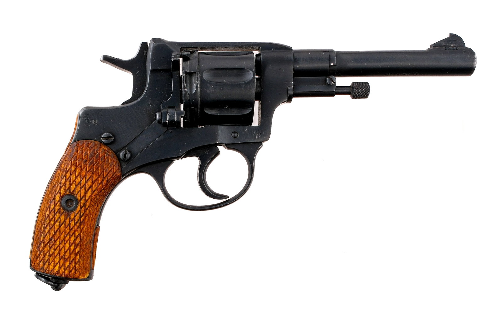 Tula Nagant 1895 7.62x38mm DA Revolver: Description Russian Tula Arsenal Nagant Model 1895 in 7.62x38mmR with a seven round capacity and a 4.5" barrel. Import marked under the barrel by, C.A.I. ST ALB VT. Checkered wood grip plates. Blued t