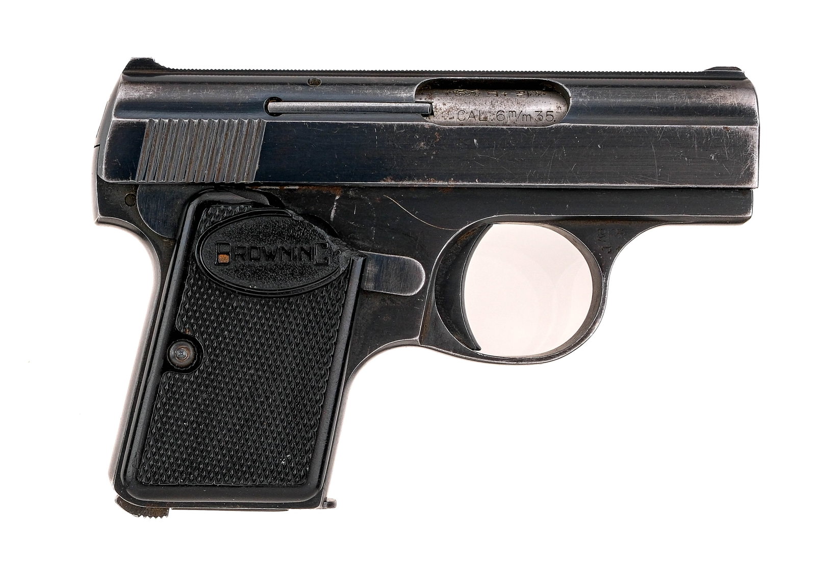 Belgian FN Baby Browning .25 ACP Semi Auto Pistol: Description Belgian FN Baby Browning chambered in .25 ACP with one, six round removable magazine and a 2.1" barrel. Manufactured in 1962 with serial number 263720. Blued steel frame with checkered pol