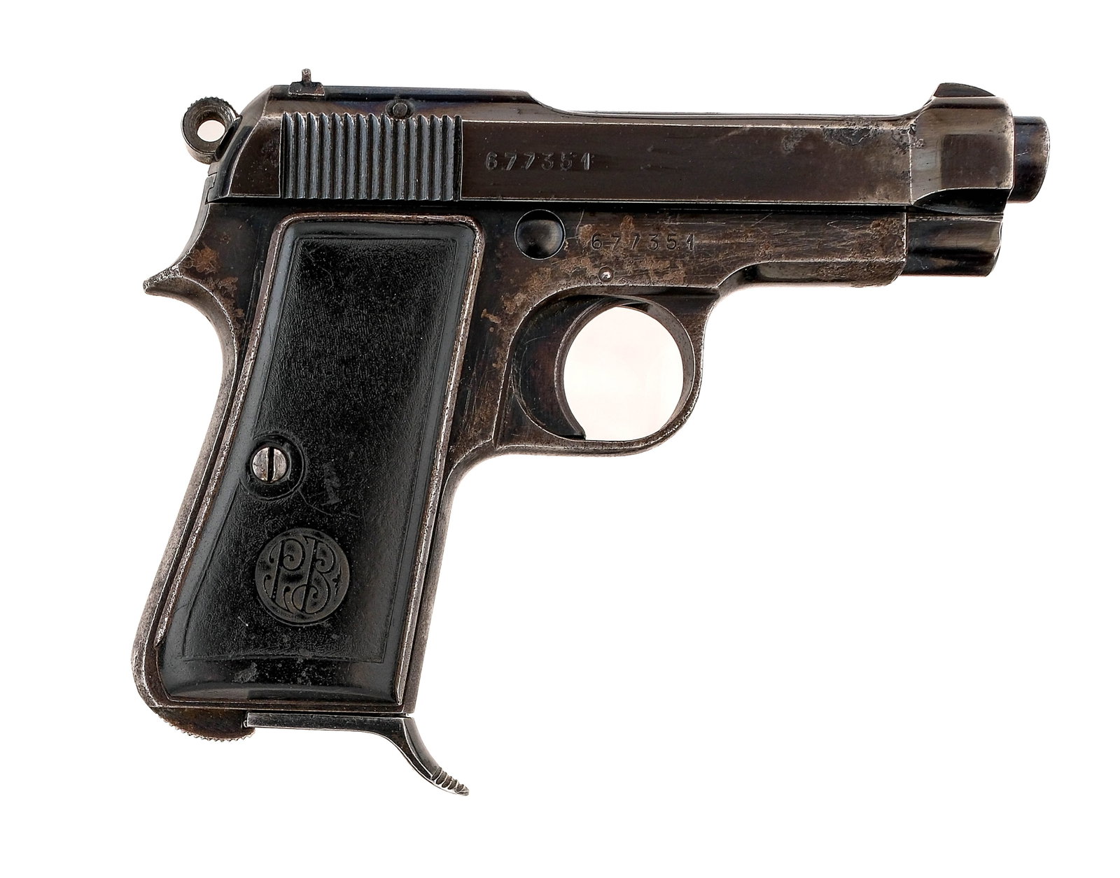 Beretta 1934 .380 ACP Semi Auto Pistol: Description Beretta 1934 chambered in .380 ACP with one, seven round [SA] stamped removable magazine and a 3.7" barrel. Manufactured in 1938 with serial numbers 677351. Blued steel frame with polymer 