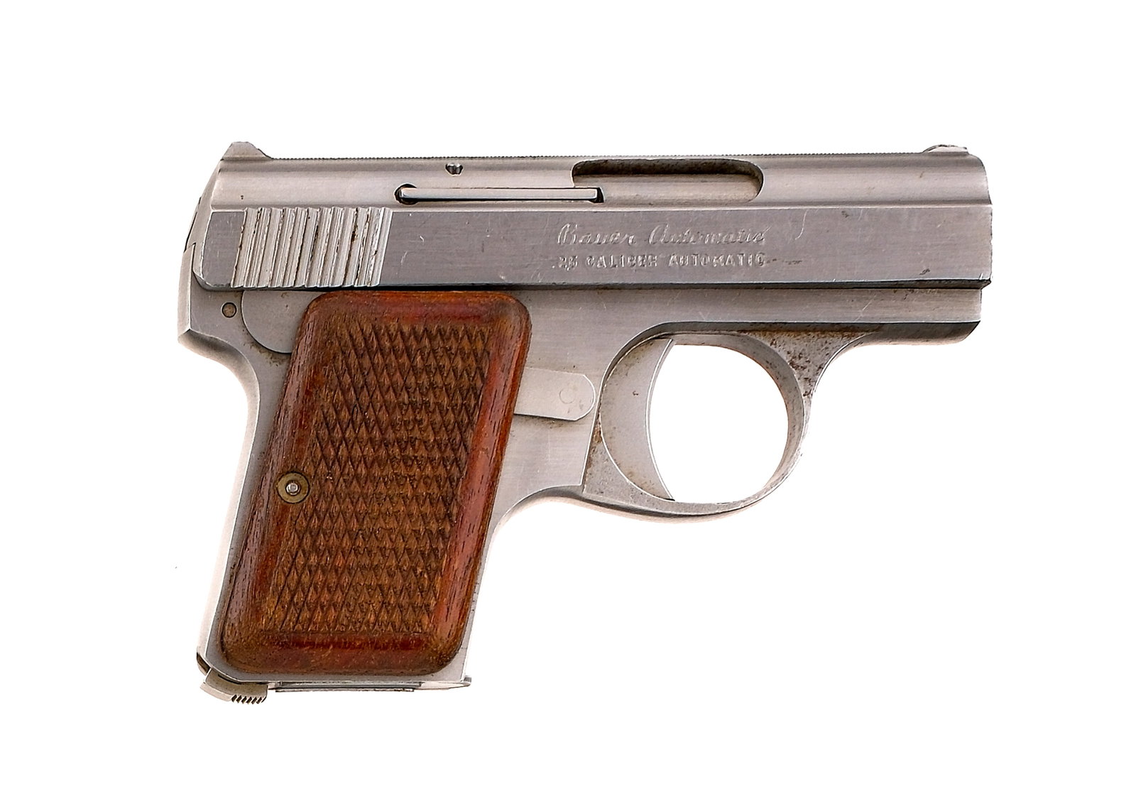 Bauer Automatic "Baby" .25 ACP Semi Auto Pistol: Description Bauer Firearms Corporation Bauer Automatic "Baby" chambered in .25 caliber with one, six round removable magazine and a 2" barrel. Stainless steel frame with checkered wood grips. Serrated