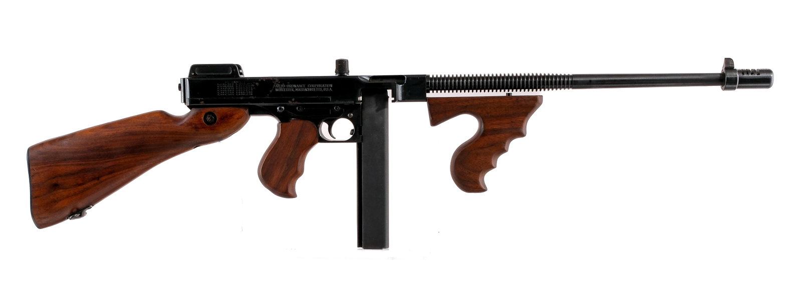 Auto Ordnance Thompson 1927 A1 .45 ACP Rifle: Description Auto Ordnance Thompson 1927 A1 "Tommy Gun" chambered in .45 ACP with one, thirty round stick magazine and a 16.5" barrel with a muzzle break. Blued barrel, upper receiver, lower, and contr