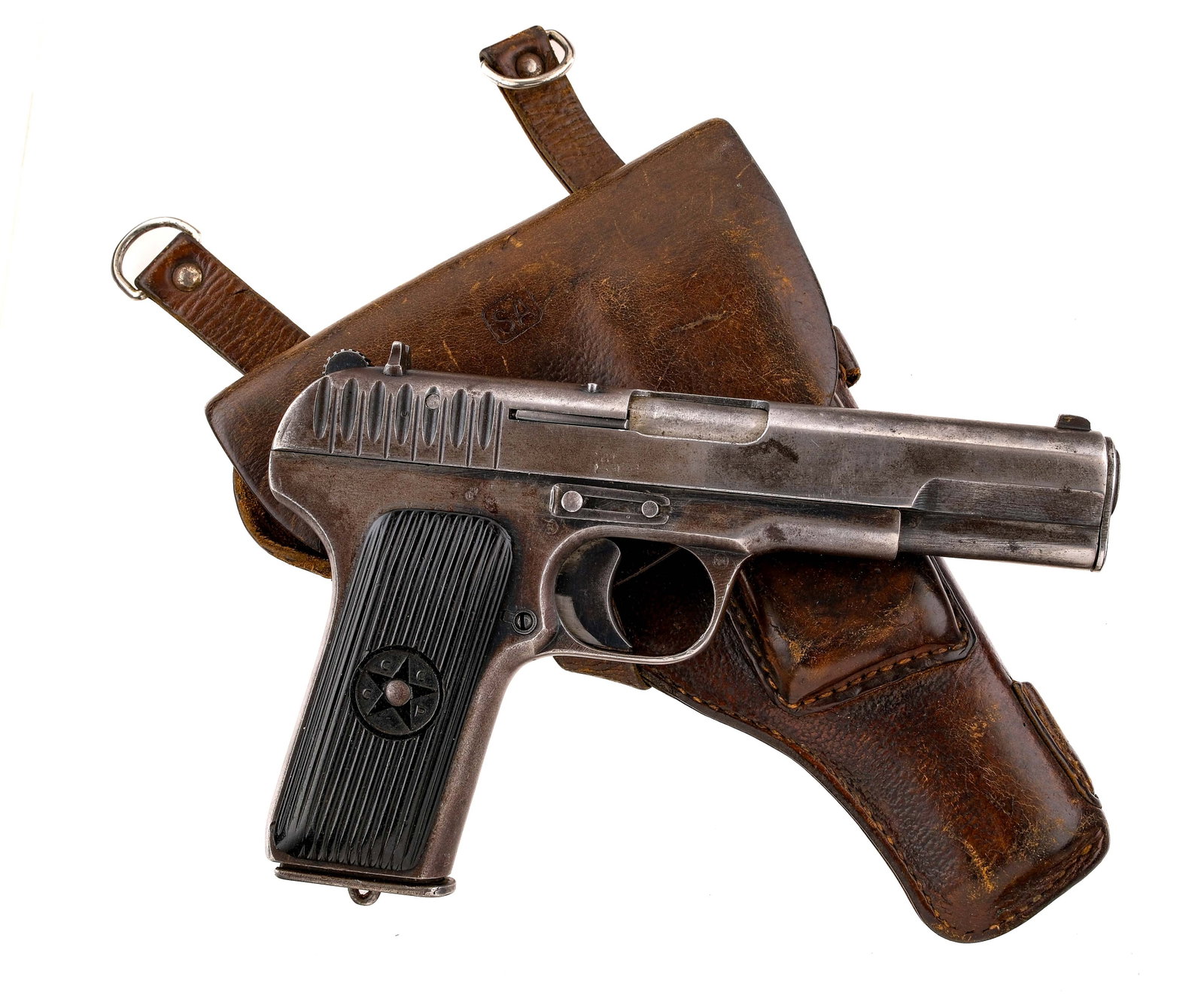 Russian TT-33 Tokarev 7.62x25mm Semi Auto Pistol: Description Tula Arsenal TT-33 in 7.62x25mm Tokarev with one, eight round removable magazine and a 4.5" barrel. Serrated composite C.C.C.P. marked grip plates. Finish worn blued frame, solid trigger, 