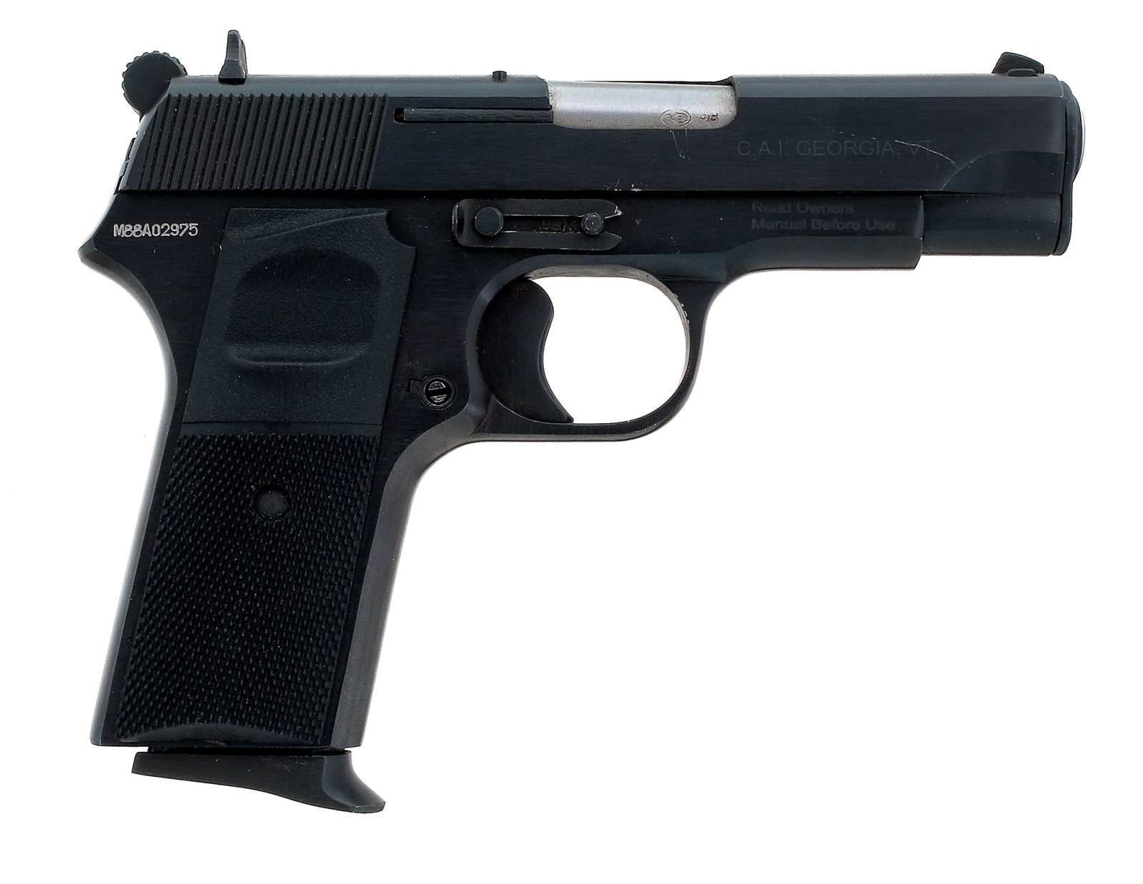 Zastava M88A 9mm Semi Auto Pistol: Description Serbian Zastava M8AA chambered in 9mm with one, eight round removable magazine and a 3.6" barrel. Blued steel frame with checkered polymer grips. Push button magazine release and textured 