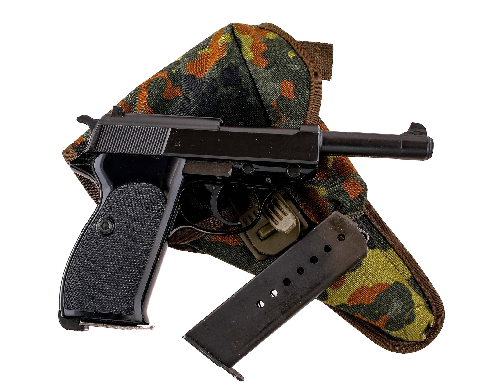 Walther P1 9mm Semi Auto Pistol: Description Walther P1 in 9mm with two, eight round removable magazines and a 5" barrel. Checkered composite grip plates. Blued frame, trigger, hammer, serrated slide and barrel. Magwell located magaz