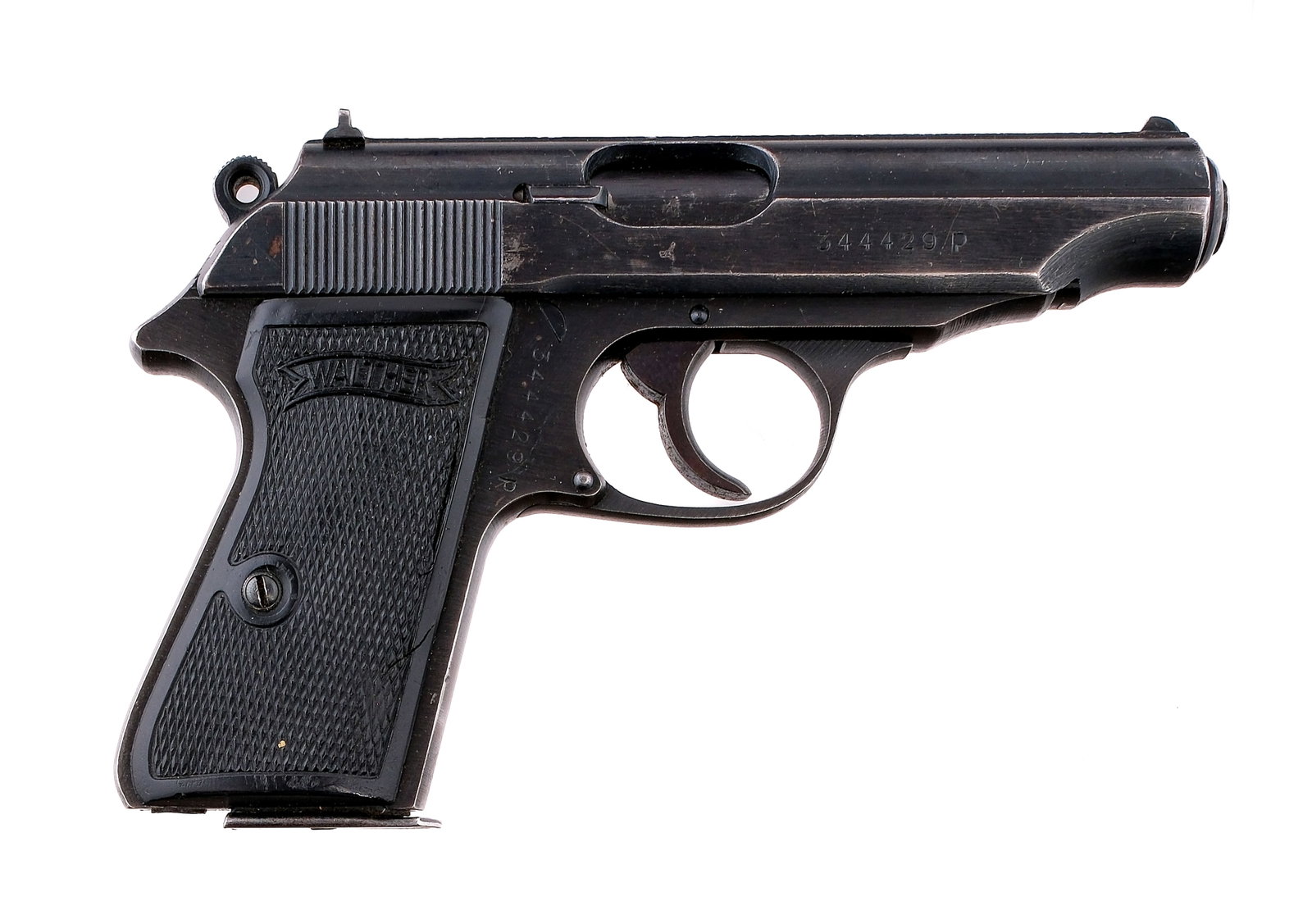 German Walther PP .32 ACP Semi Auto Pistol: Description Walther PP chambered in 7.65mm (.32ACP) with one, eight round magazine and a 3.9" barrel. Blued steel frame with checkered polymer grips and lanyard loop. Push button magazine release. Dou