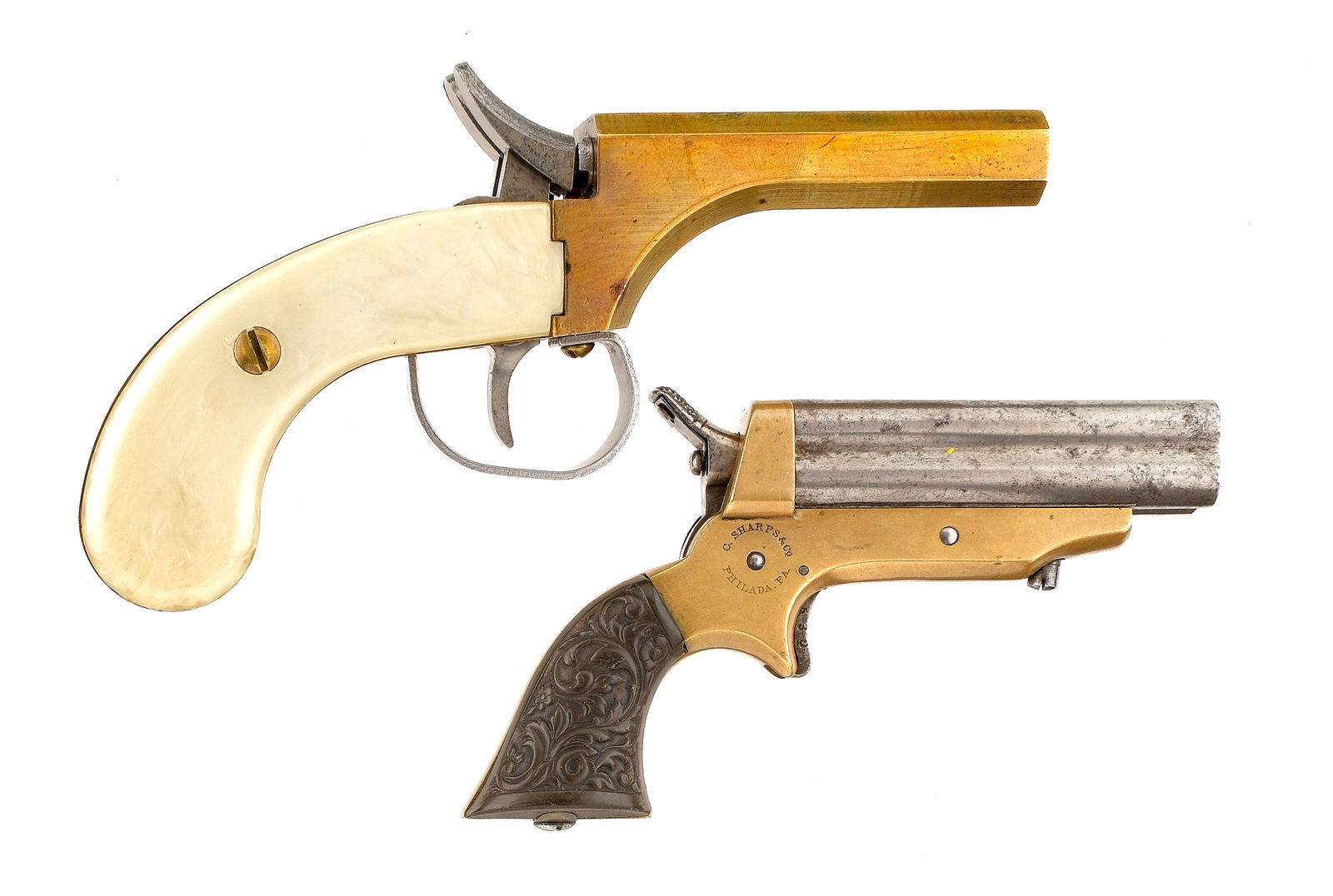 Estate Derringers 2Pcs Lot Pistol: Description Estate derringer lot with two pieces. Sharps Pepperbox Model 1A in .22 Short with a four round capacity and a 3" quad barrel. Floral pattern composite grip plates. Brass frame. Finish worn