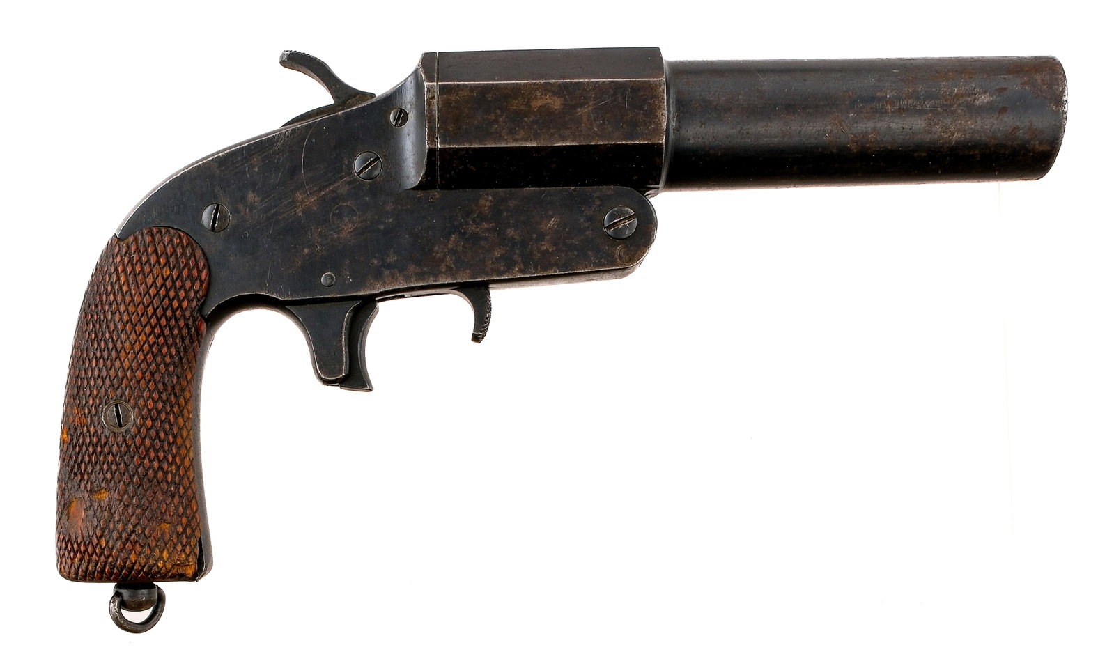 Russian Soviet OSP-26 26.5mm Flare Gun: Description Russia/Soviet Izhevsk Arsenal OSP-26 in 26.5mm with a single round capacity and a 26.5" barrel. Checkered wood grip plates with matching serial number stamped on the underside of each. Blu