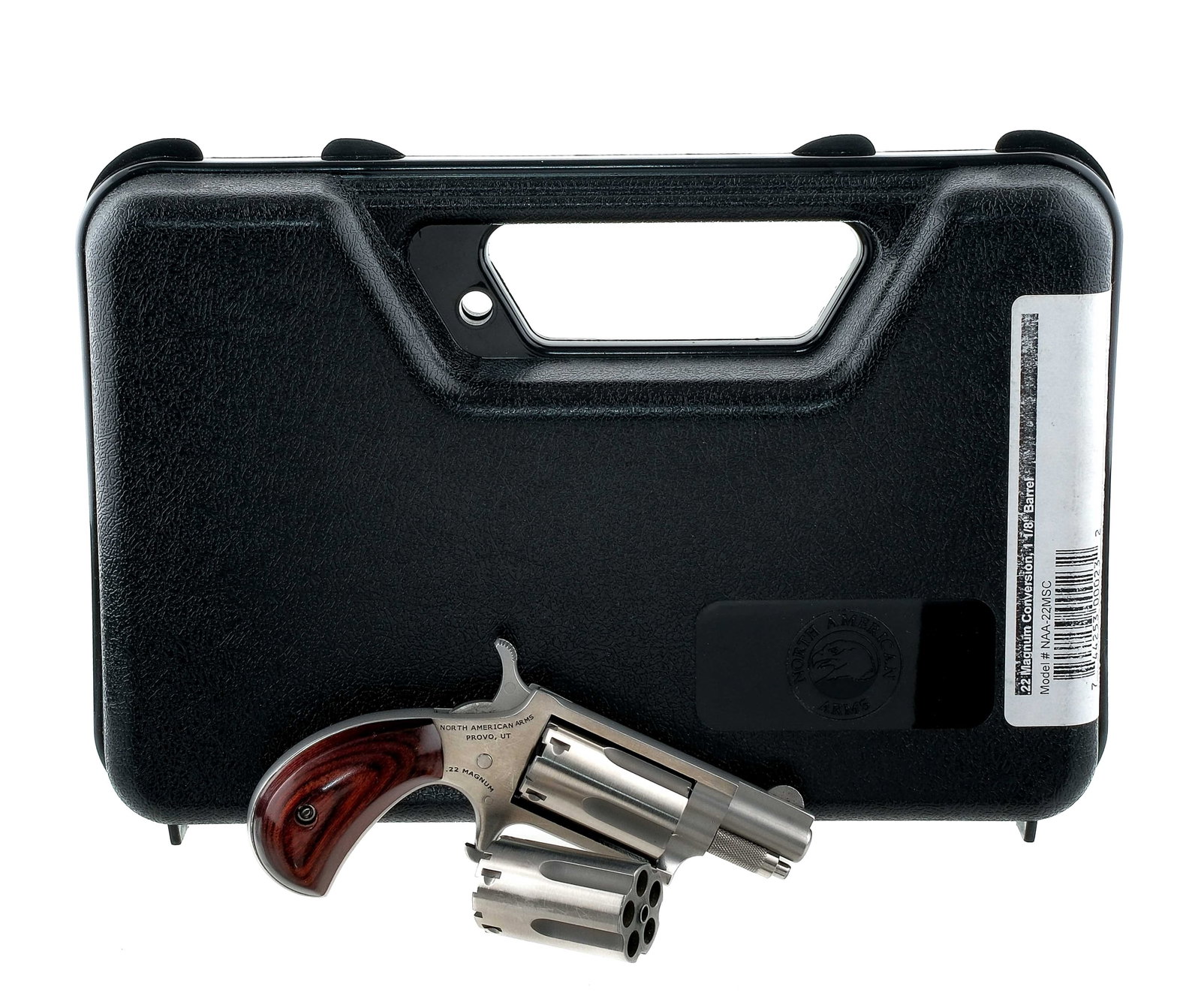NAA-22MSC .22LR / MAG Revolver: Description North American Arms NAA-22MSC with two five-shot cylinders and a 1 1/8" barrel. One cylinder is chambered for .22 long rifle and the other is chambered for .22 magnum. Stainless steel barr