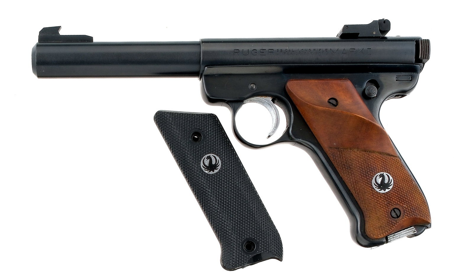 Ruger MK 1 .22 LR Semi Auto Pistol: Description Ruger MK I in .22 Long Rifle with one, ten round removable magazine and a 5.5" BULL barrel. Checkered wood grip plates with left side thumb contour. Blued frame and barrel. Serrated trigge