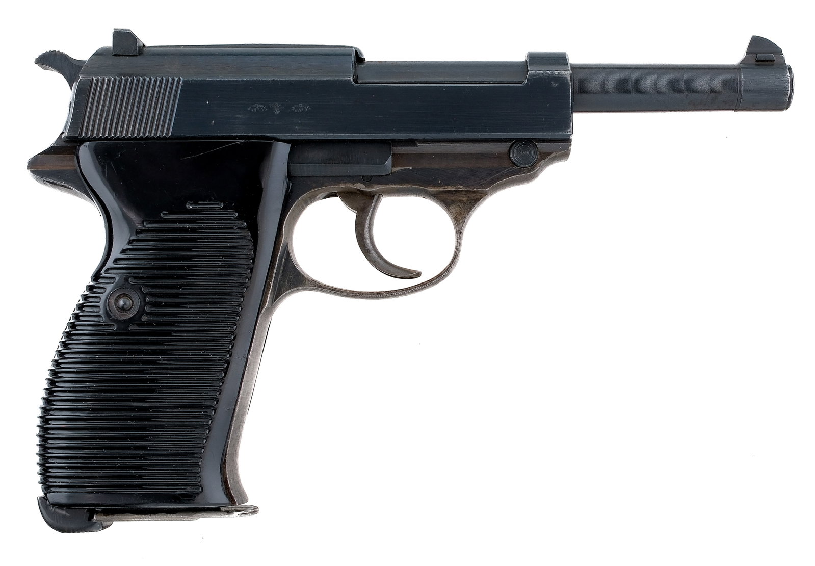 WW2 Mauser BYF P38 9mm Semi Auto Pistol: Description World War II German Mauser BYF code P38 chambered in 9mm with one, eight round removable magazine and a 5" barrel. Manufactured in 1944 with serial number 8361w. Blued steel frame with rib