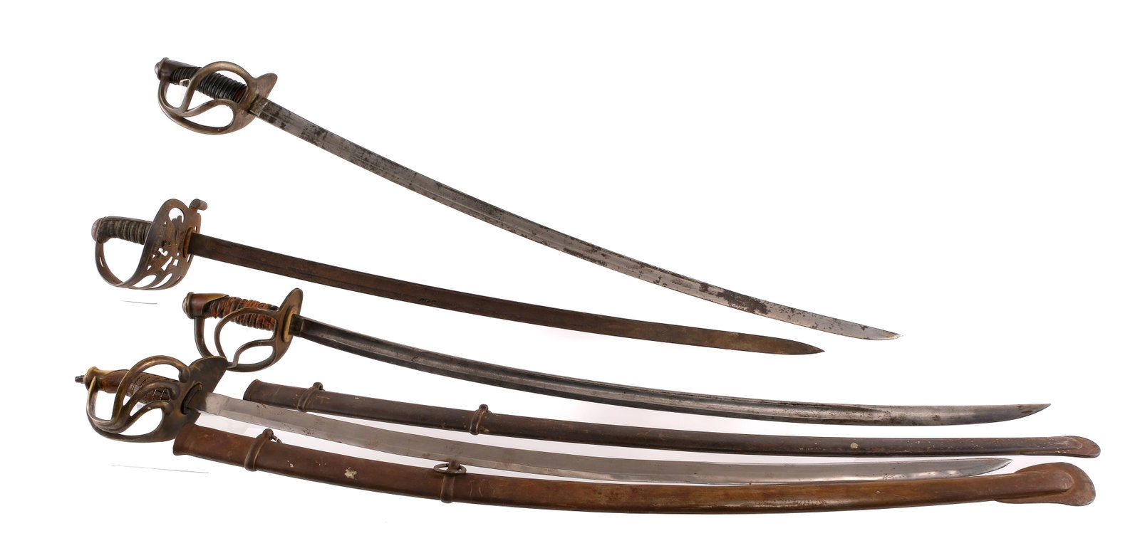 Estate Saber Lot 4 Pcs Lot Swords: Description Estate lot with four assorted U.S. sabers. 1850 Non-Regulation Officers saber made by F. Potter Solingen Germany. Hares head proof on ricasso. 31.75" blade with sharkskin wire wrapped hand