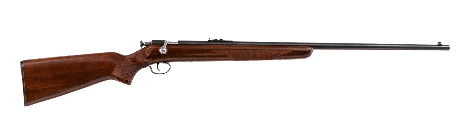 Winchester 67A .22 LR Bolt Action Rifle: Description Winchester Model 67A in .22 Short, Long or Long Rifle with a single round capacity and a 27" barrel. Checkered composite butt plate. Aftermarket hand checkered wood stock and front forend.