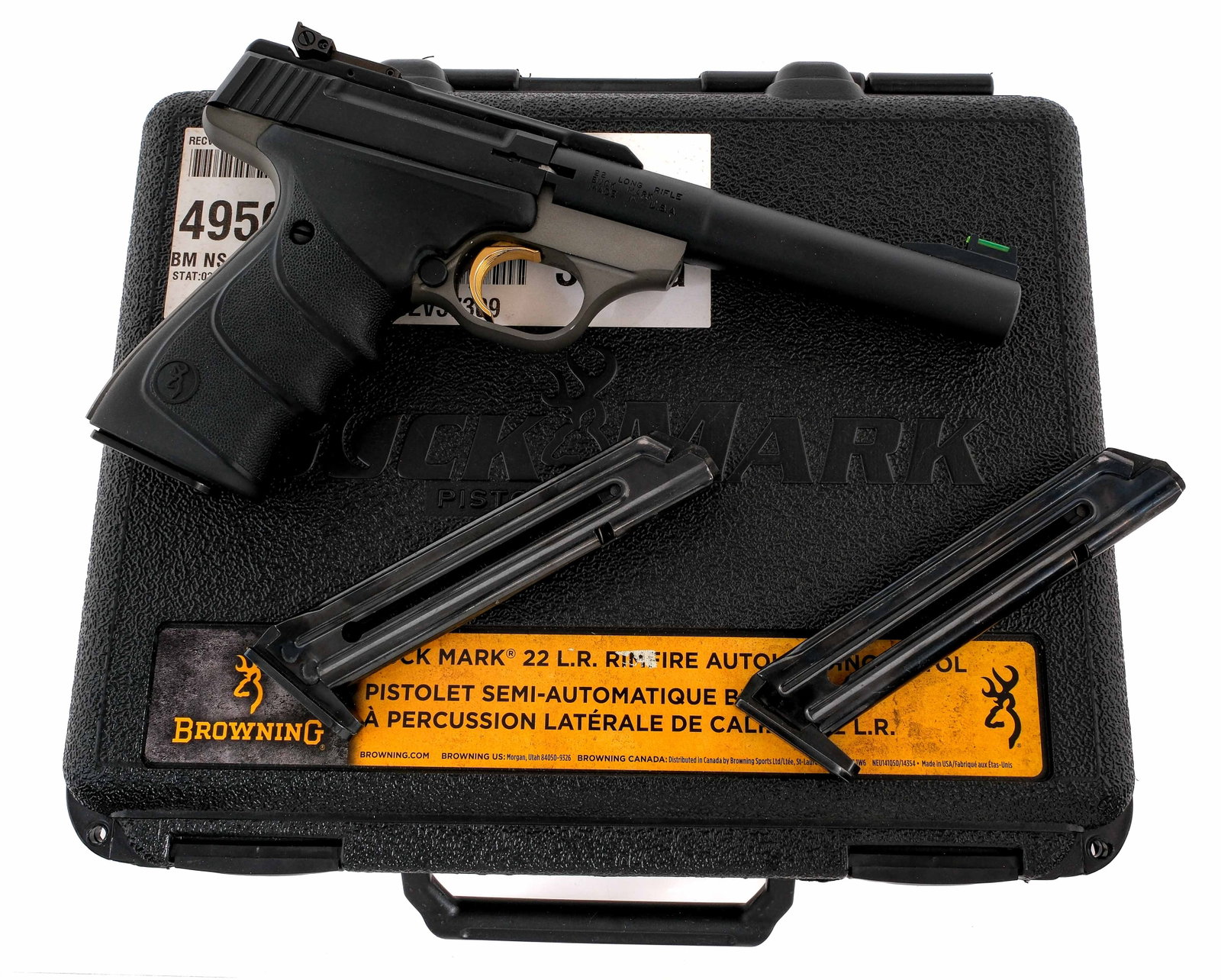 Browning Buck Mark .22 LR Semi Auto Pistol: Description Browning Buck Mark Practical Camper chambered in .22 long rifle with three, ten round removable magazines and a 5.5" round tapered bull barrel. Matte gray finished alloy frame with nitrile
