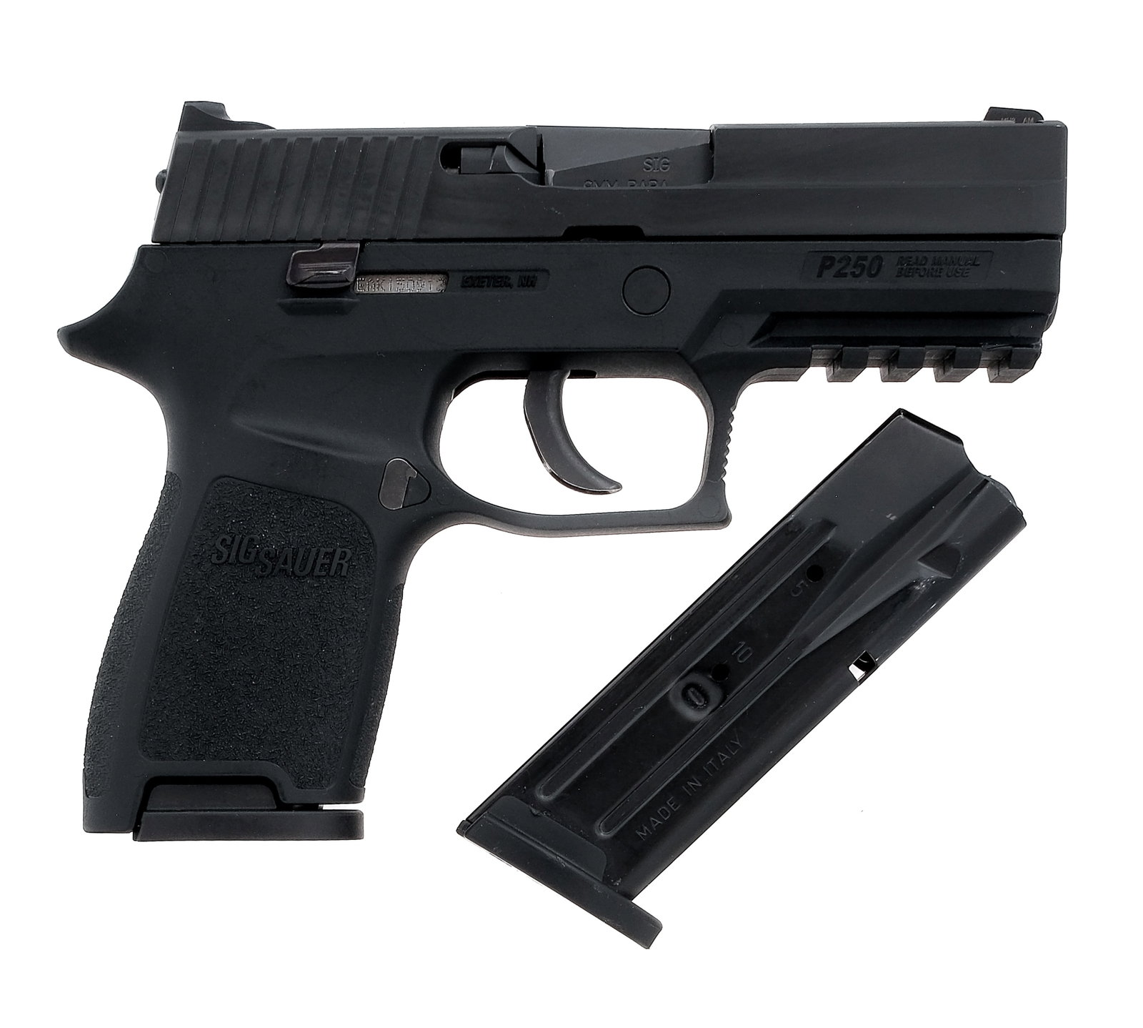 Sig Sauer P250 9mm Semi Auto Pistol: Sig Sauer P250 chambered in 9mm with two, ten round removable magazines and a 3.5" barrel. Polymer frame with textured grips and under barrel accessories rail. Blued metal double action only trigger a