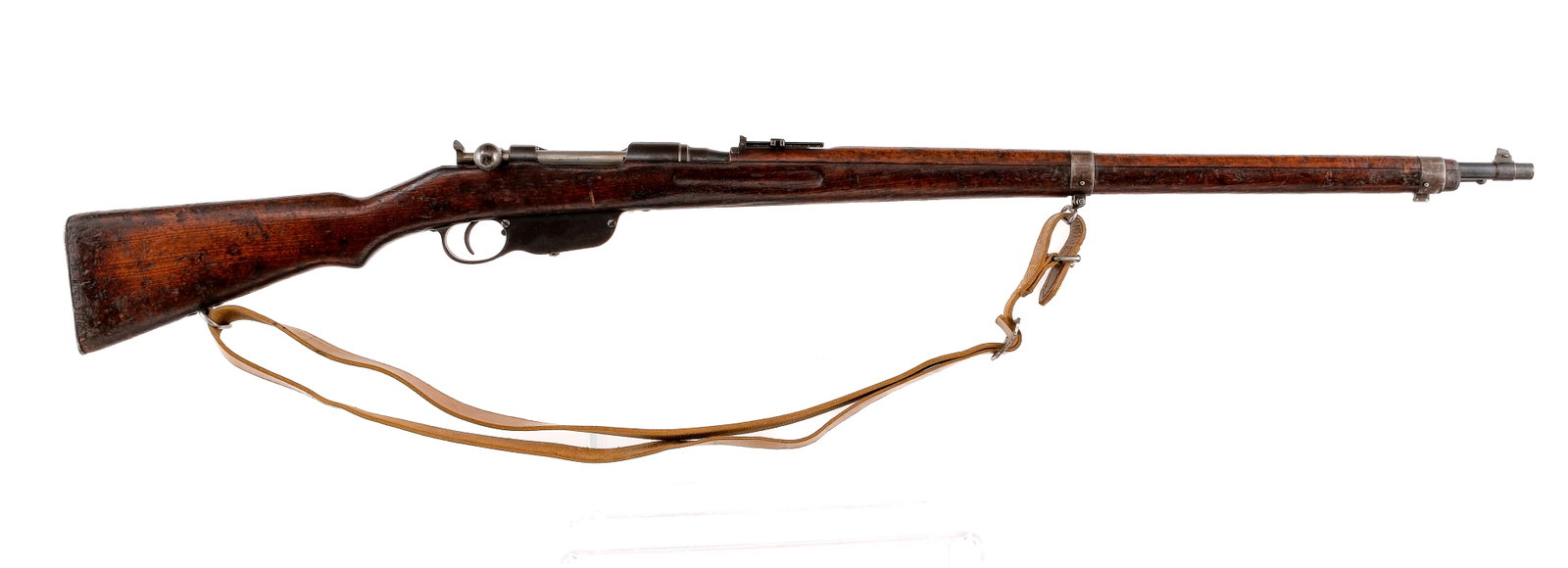 Steyr Mannlicher M95 8x56mmR Bolt Action Rifle: Description Steyr Mannlicher M95 chambered in 8x56mmR with a five round internal clip fed magazine and a 30.1" barrel. Patinated blued barrel, barrel bands, bayonet lug, receiver, trigger, and trigger