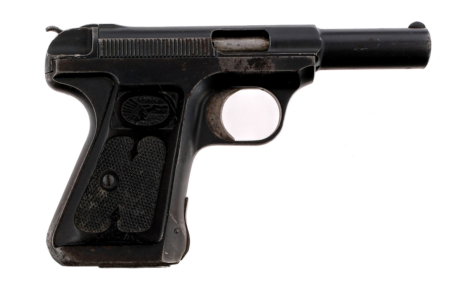 Savage 1917 7.65mm Semi Auto Pistol: Description Savage 1917 chambered in 7.65mm (.32 ACP) with one, ten round removable magazine and a 3.75" barrel. Blued steel frame with checkered polymer grips. Front strap magazine release and frame 