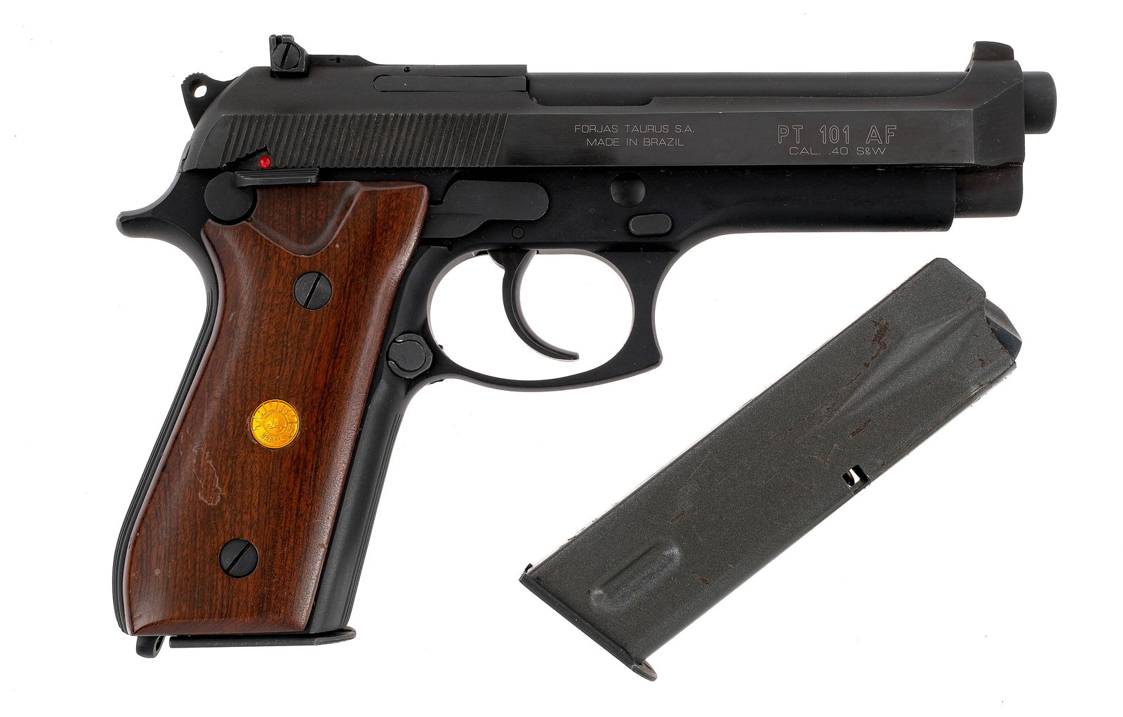 Taurus PT 101 AF .40 S&W Semi Auto Pistol: Description Taurus PT 101 AF in .40 Smith & Wesson with two, eleven round removable magazines and a 5" barrel. Smooth wood grip plates. Blued trigger, frame, hammer, serrated slide and barrel. Magwell