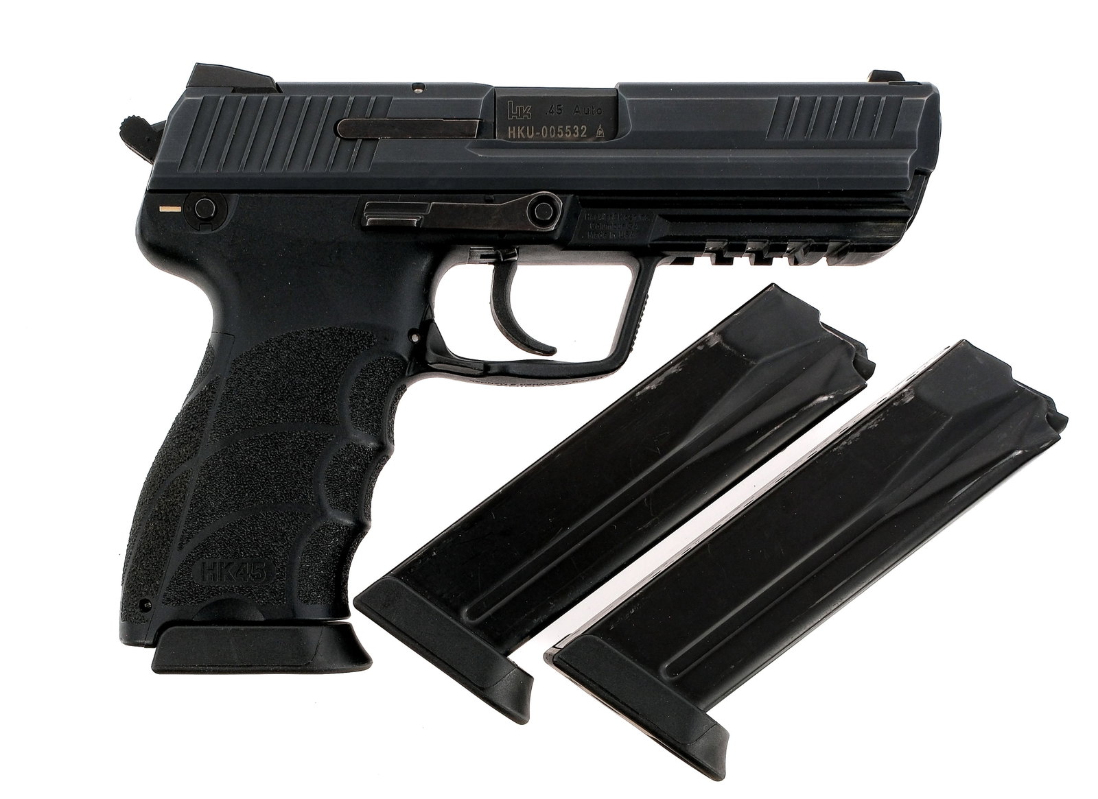 HK HK45 .45 ACP Semi Auto Pistol H&K: Description UPDATE: Comes with first factory round fired and extra backstrap insert and take-down tool. Heckler & Koch HK45 chambered in .45 ACP with three, ten round removable magazines and a 4.46" b