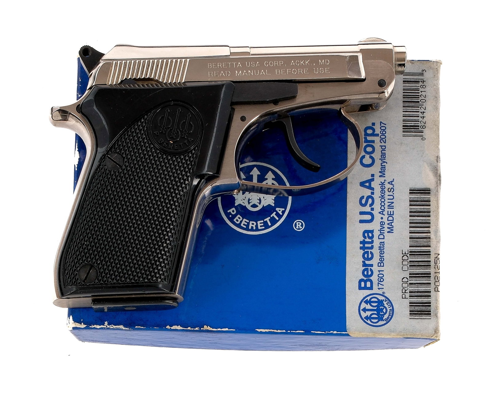 Beretta 21A "BobCat" .25ACP Semi Auto Pistol: Description Beretta 21A Bobcat chambered in .25 ACP with one, eight round removable magazine and a 2.4" Tip-up barrel. Nickel finished alloy frame with checkered polymer Beretta grips. Push button mag
