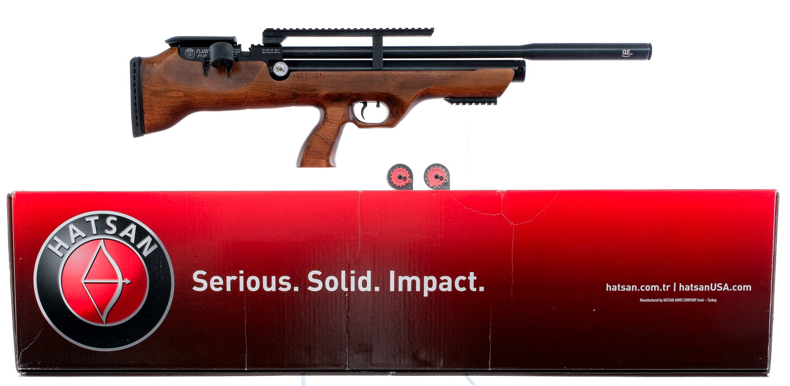 Hatsan Flashpup QE Pneumatic Air Rifle .177/4.5mm: Description Hatsan Flashpup QE Pneumatic Air Rifle chambered for .177 Cal/4.5mm pellets with a weight of just over six pounds and 32" overall length. Up to 40 foot pounds of energy. Blued and black an