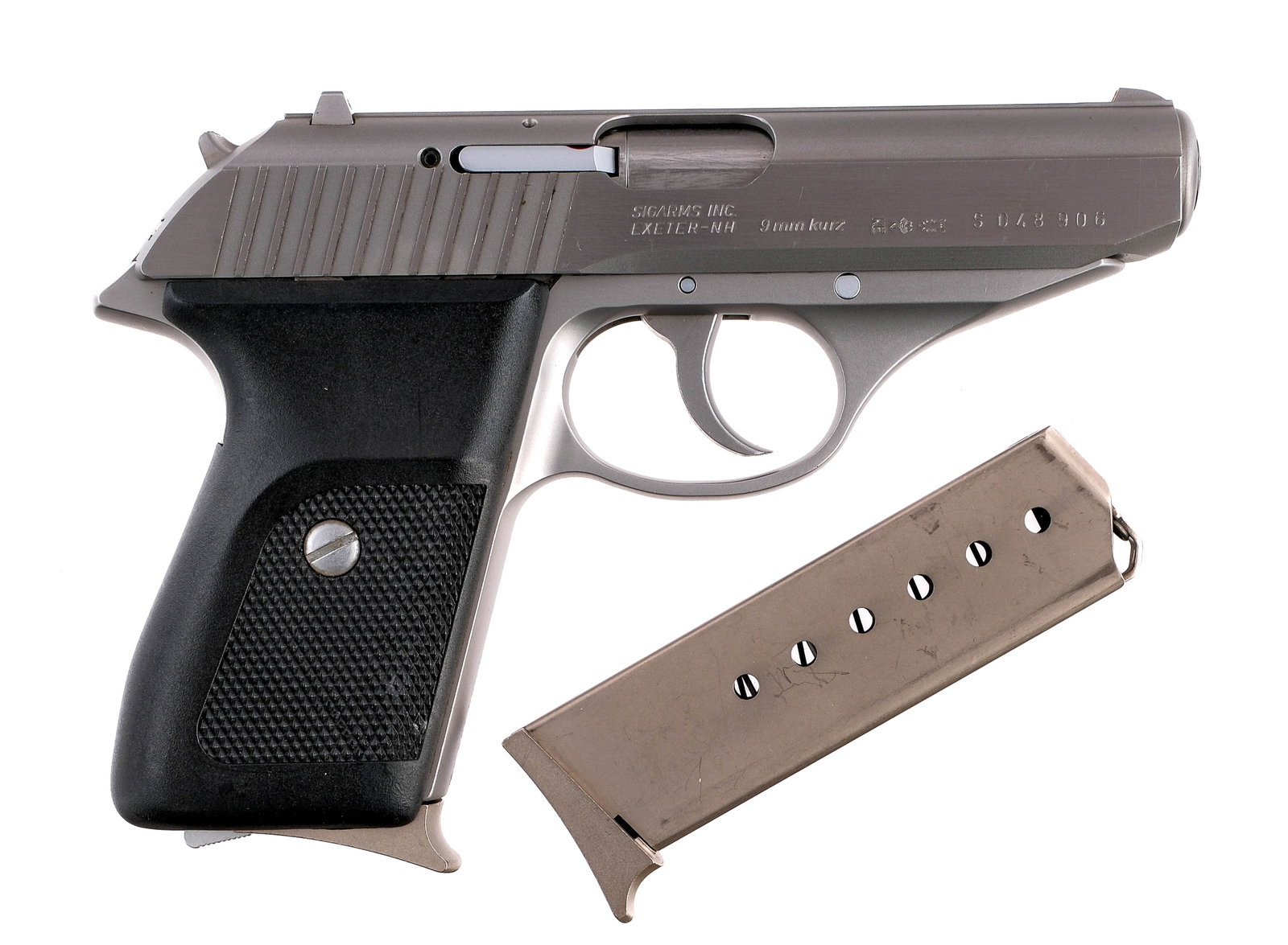 Sig Sauer P230 SL .380 ACP Semi Auto Pistol: Description Sig Sauer P230 SL chambered in 9mm Kurz (.380 ACP) with two, seven round removable magazines and a 3.6" barrel. Serial number S048906 with KE date code (1994) and Kiel W. Germany proof mar