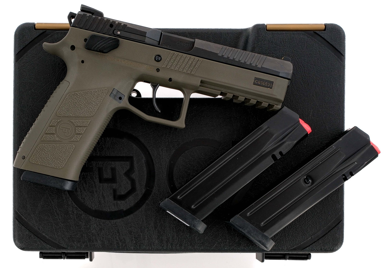 CZ P-09 9mm Semi Auto Pistol: Description CZ P-09 chambered in 9mm with one, nineteen round removable magazine, two, ten round magazines, and a 4.54" cold hammer forged barrel. Green textured polymer frame with interchangeable bac