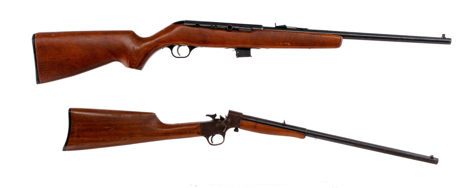 Estate Rifle 2 Pcs Lot Rifle: Description Estate rifle lot with two pieces. J. Stevens Crack-Shot in .22 Long Rifle with a single round capacity and a 20" barrel. Smooth wood stock and front forend. Case colored receiver. Blued tr