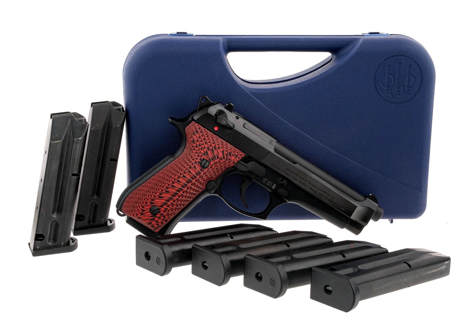 Beretta 92FS 9mm Semi Auto Pistol: Description Beretta Model 92-FS in 9mm with seven, ten round removable magazines and a 5" barrel. Laminated aftermarket composite grip plates. Black anodized finished frame and serrated slide. Black c
