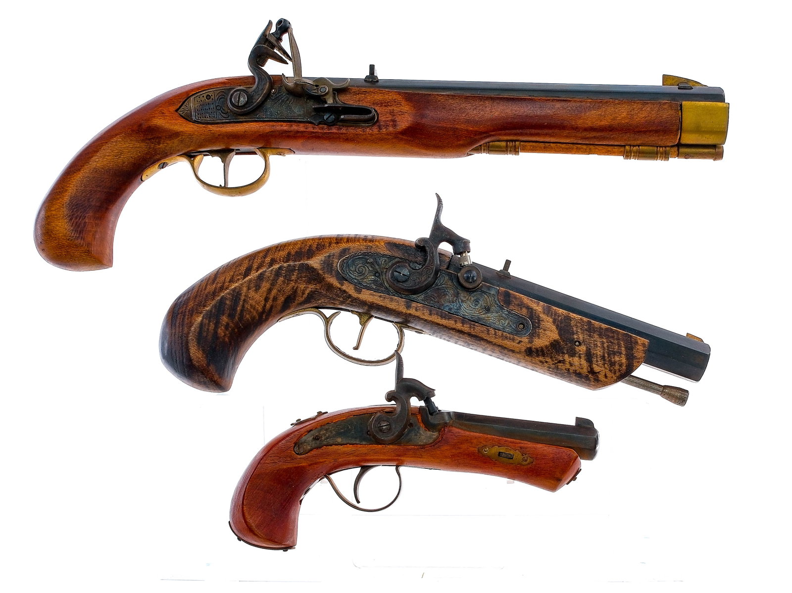 Jukar Spanish Black Powder Lot 3 Pcs Pistols: Description This lot is for three Spanish made black powder percussion pistols. One is a Jukar flintlock chambered in .45 caliber with a 10" octagonal barrel. Second is a Jukar percussion pistol chamb