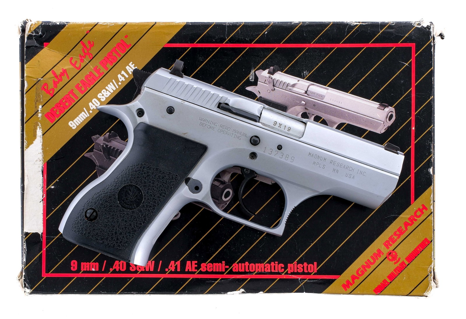 IMI Magnum Research Desert Eagle 9mm Pistol: Description Israel Military Industries Desert Eagle Pistol chambered in 9mm with a 3.5" barrel. Manufactured in Israel by IMI and imported by Magnum Research, Marked on the right side of the frame. Ma