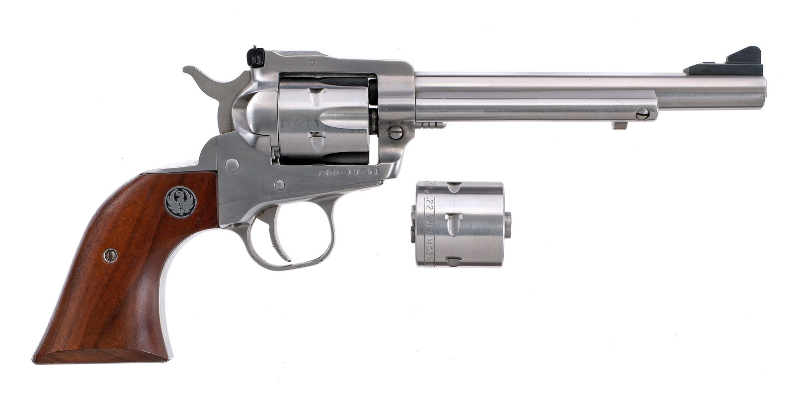 Ruger New Model Single Six .22 LR/Mag Revolver: Description Ruger New Model Single Six in .22 Long Rifle or Magnum with a six round capacity and a 6.5" barrel. Smooth wood grip plates. Polished stainless steel trigger guard, trigger, frame, cylinde