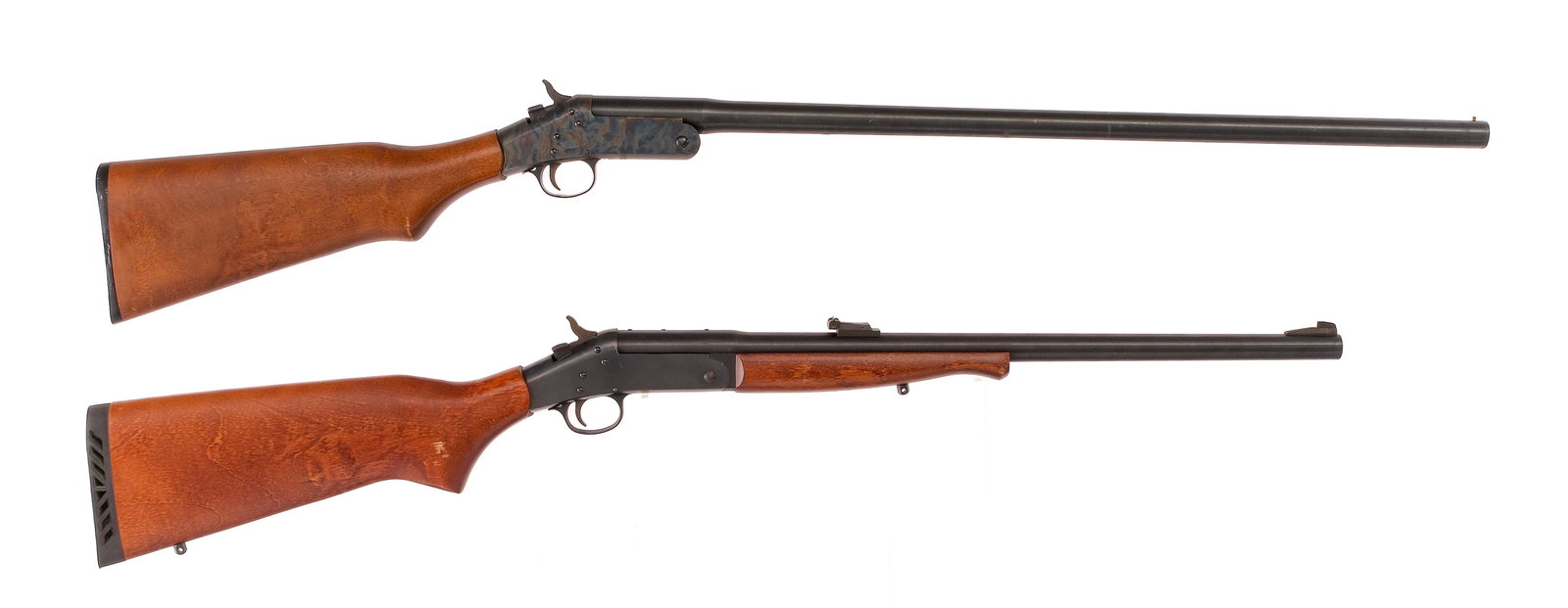 NEF/H&R Rifle/Shotgun Lot 2Pcs .45/70 12 Ga: Description This lot is for two single shot long guns. First is a New England Firearms Handi Rifle SB2 chambered in .45-70 Government with a 22" barrel. Blued barrel, frame, trigger, hammer, and actio