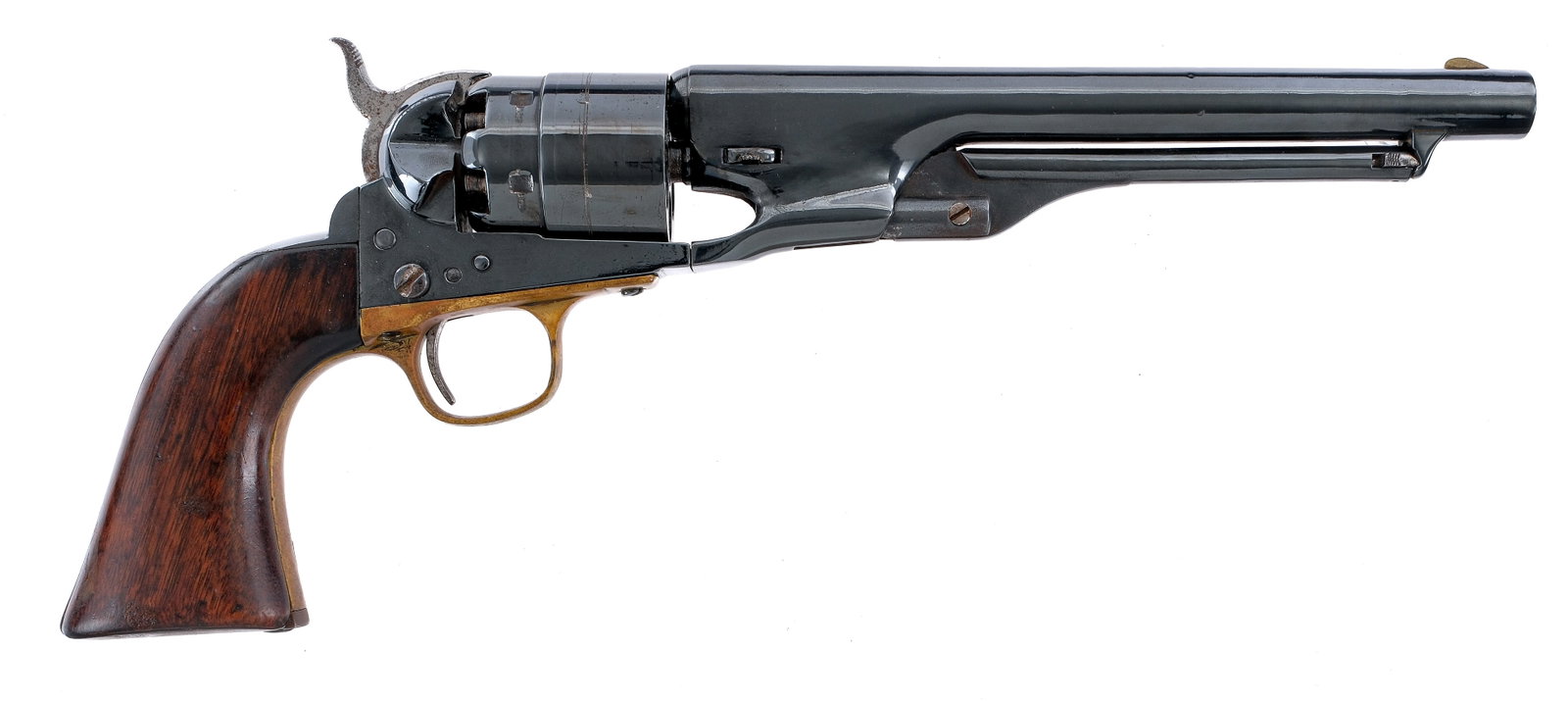 Colt 1860 Army .44 BP Revolver: Description Colt 1860 Army in .44 caliber with a six round capacity and a 8" barrel. Smooth wood grip plates. Brass trigger guard and front strap. Blued backstrap, trigger, hammer, cylinder and barrel