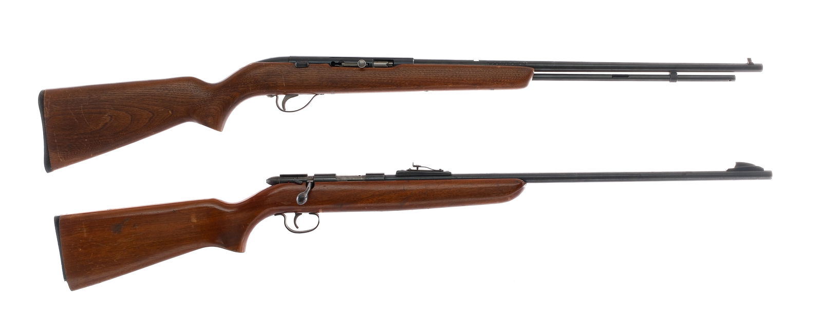 Estate Rifles .22 2 Pcs Lot Rifles: Description Estate rifle lot with two pieces. Sears & Roebuck Model 25 in .22 Long, Long Rifle or Short High Speed with a single round capacity and a 22" barrel. Smooth wood stock. Blued receiver and