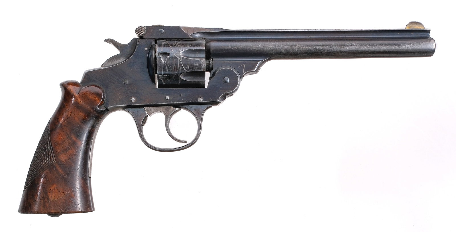 Iver Johnson 22 Supershot .22 LR Revolver: Description Iver Johnson 22 Supershot chambered in .22 long rifle with a seven-shot cylinder and a 6" barrel. Top break revolver with blued barrel, frame, and fluted cylinder. Case colored double/sing