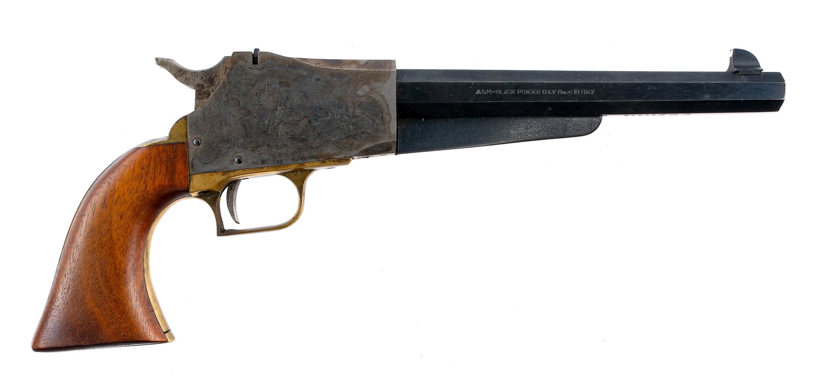 Connecticut Valley Arms Prospector .44 BP Pistol: Description CVA (Connecticut Valley Arms) Prospector in .44 caliber with a single round capacity and a 9" octagon barrel. Made in Italy by Armi San Marco. Smooth wood grip plates. Brass frame and trig