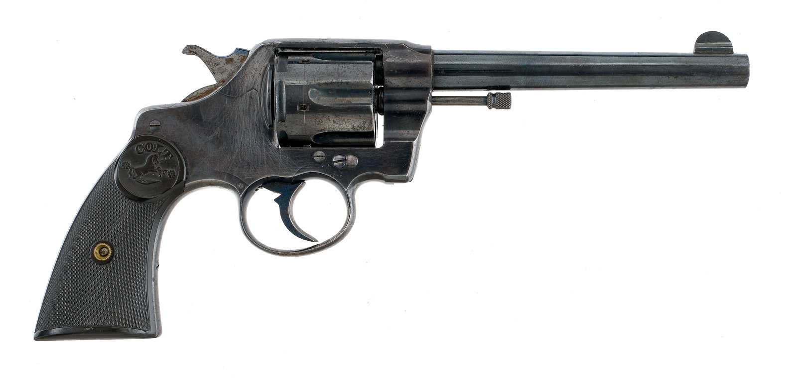 Colt DA 38 New Army .38 LC Revolver: Description Colt Double Action 38 New Army in .38 Long Colt with a six round capacity and a 6" barrel. Checkered composite grip plates. Blued trigger, frame, cylinder, checkered hammer and barrel. Lef