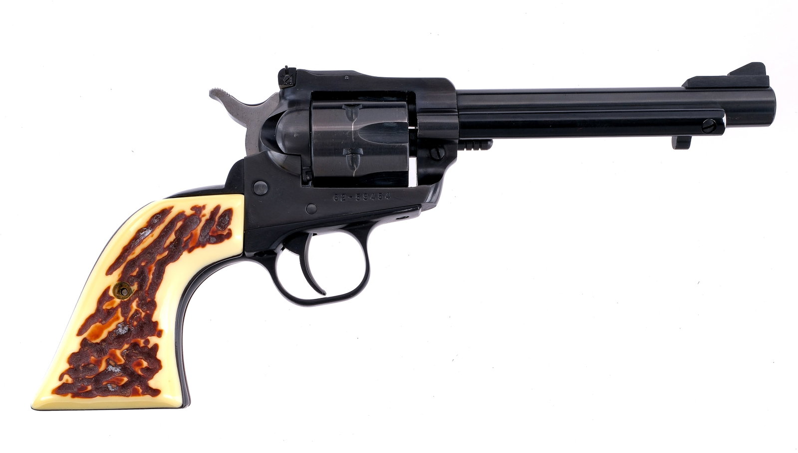 Ruger New Model Single Six .22 LR Revolver: Description Ruger New Model Single Six in .22 Long Rifle with a six round capacity and a 5.5" barrel. Faux stag composite grip plates. Blued trigger guard, trigger, frame, serrated hammer, cylinder an