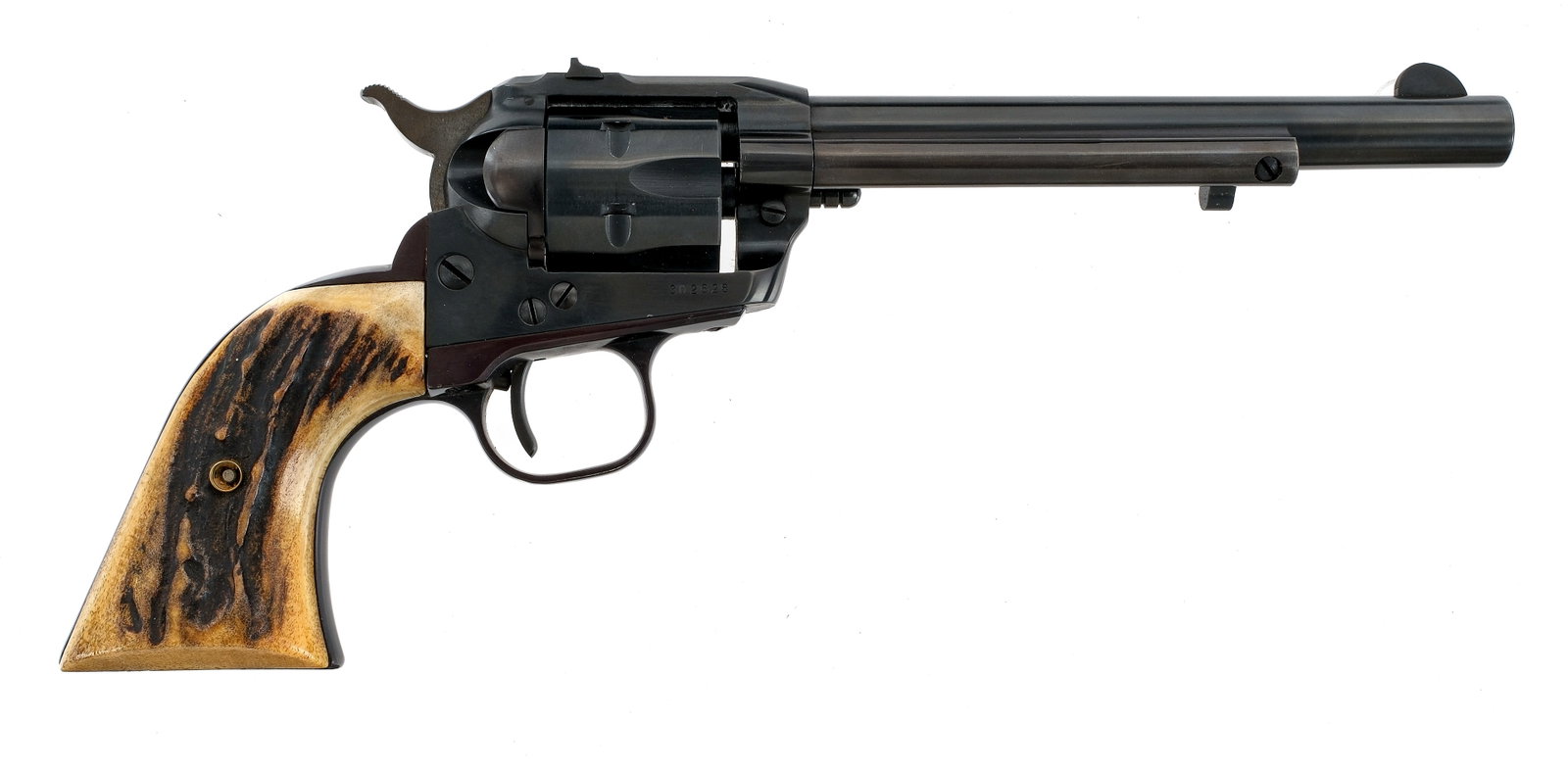 Ruger Single Six .22 Win RF Mag Revolver: Description Ruger Single Six in .22 Winchester Rimfire Magnum with a six round capacity and a 6.5" barrel. Made in Southport Connecticut in 1959. Natural antler grip plates. Blued trigger guard, trigg