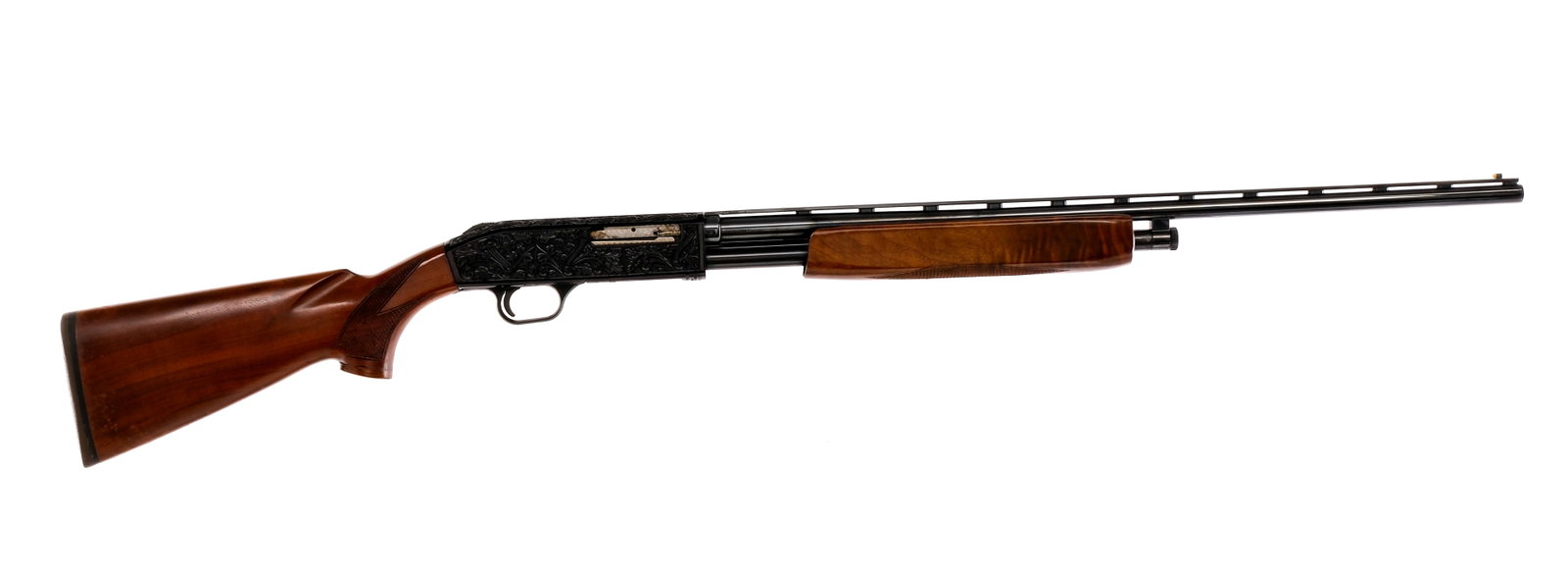 Pederson 4000 Custom .410Ga Pump Action Shotgun: Description Pedersen Model 4000 Custom in .410 gauge with a five round capacity and a 26" FULL fixed choke top rib vented barrel. Made in North Haven Connecticut. Rubber butt pad. Checked wood stock a